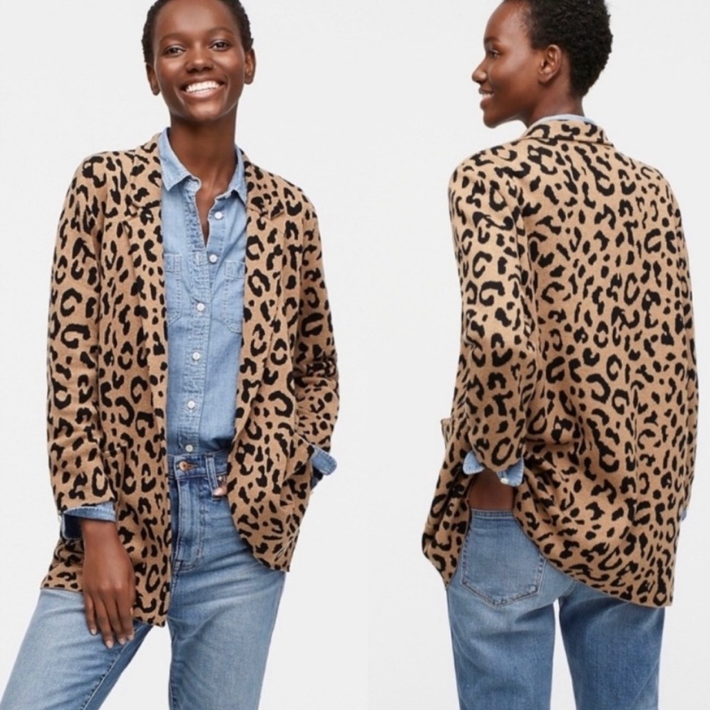 J Crew Sophie Sweater Blazer in Leopard Print Hthr Acorn/Black